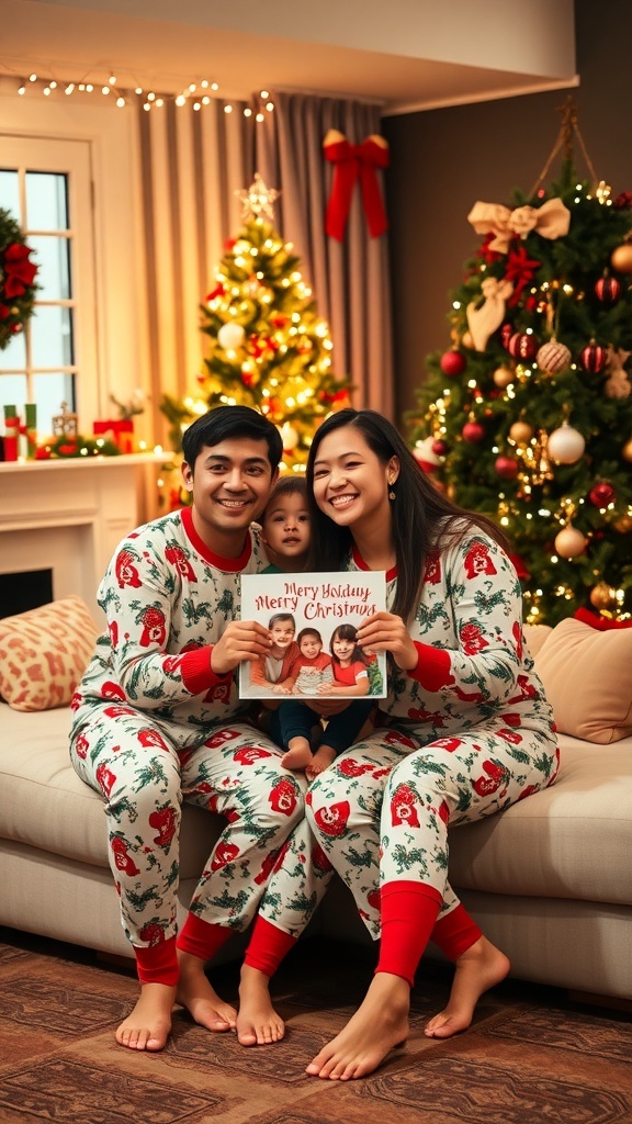 A family of three in matching pajamas in front of a Christmas tree, smiling for a holiday card photo.